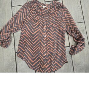 Zac & Rachel Womens Large Peach Grey Chevron Zig Zag Button Down Blouse Top